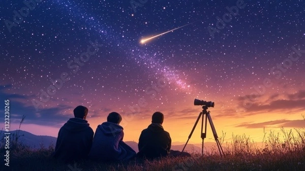 Fototapeta Teenagers watching a meteor shower from a hilltop, bundled up in blankets, a telescope set up nearby, twinkling night sky above