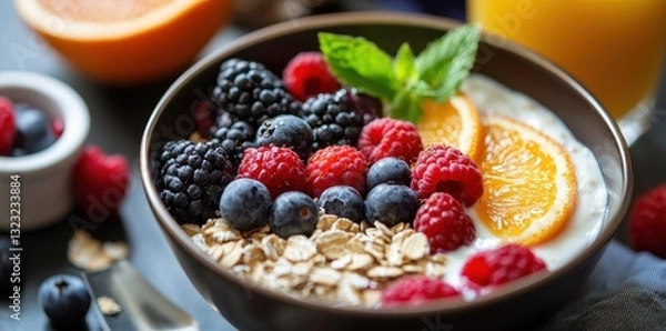 Fototapeta Delicious breakfast scene with a bowl of mixed berries and oats, perfect for a healthy start to your day.