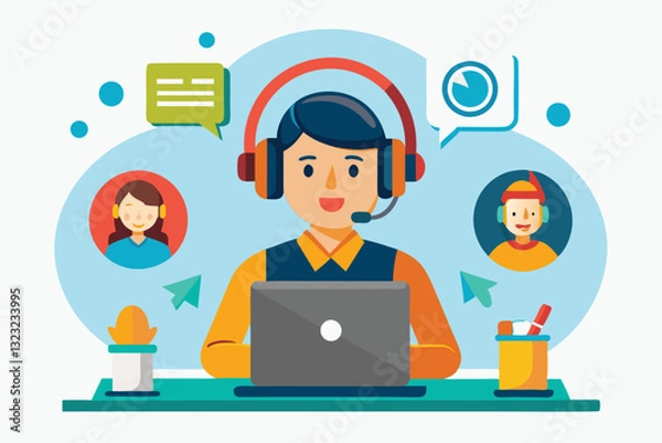 Obraz A customer support representative engages with clients while using a laptop and headset at a neat workspace, Support center simple,