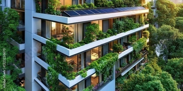 Obraz A modern eco-friendly condominium with vertical gardens and solar panels on the roof