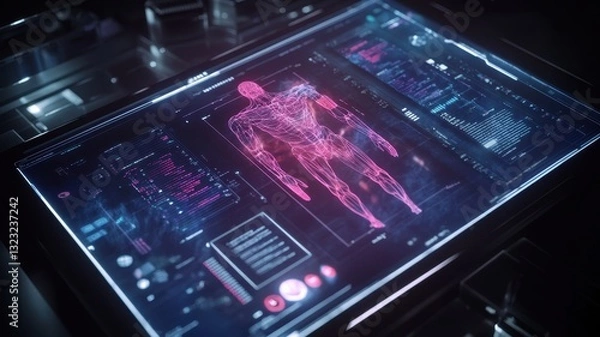 Fototapeta A digital tablet displaying a vibrant holographic interface, showcasing innovative technology and creativity.