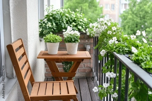 Obraz A tiny apartment balcony transformed into a lush green space with compact planters and a small bench