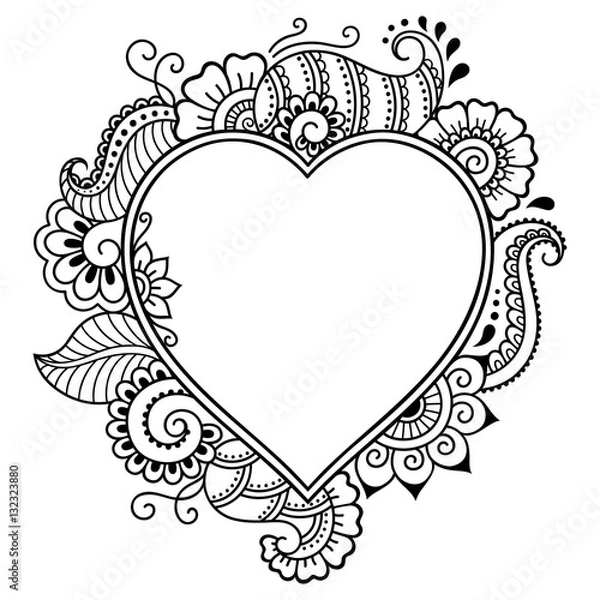 Fototapeta Decorative doodle heart in mhendi style. Floral frame in the shape of a heart. Element for design for Valentine's Day.
