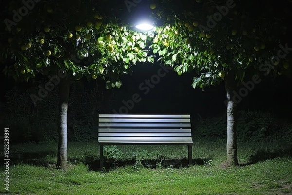 Fototapeta Night scene: Empty park bench illuminated under a tree at night. Perfect for themes of solitude, peace, or nighttime contemplation.