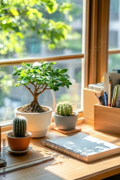 Fototapeta A dorm room desk with an adorable tiny bonsai tree and a few cacti, bringing nature into a small study space