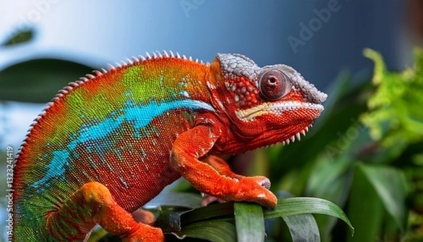 Fototapeta closeup of a colorful chameleon lizard generative ai