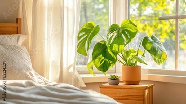 Fototapeta A cozy bedroom with a large potted monstera plant near a bright window, soft morning sunlight filtering through white curtains, wooden bedside table with a small succulent
