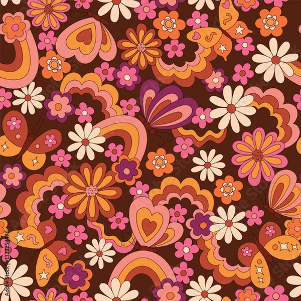 Obraz Hippie retro vector seamless pattern. Vintage nature background with flowers, butterflies and rainbows. Nostalgic botanical 70s groovy illustration. Fun and quirky hand drawn allover print design