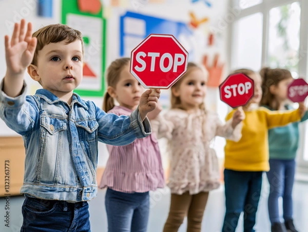 Fototapeta Children raising stop signs during a classroom activity focused on safety and awareness