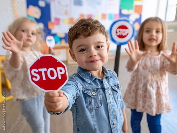 Fototapeta Children engaging in playful learning about traffic signs in a colorful classroom during a fun educational activity