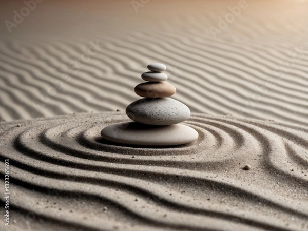 Fototapeta Balancing stones on sand create a serene arrangement in a tranquil setting.