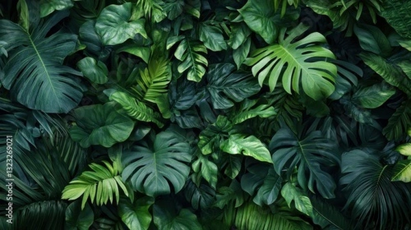 Fototapeta Lush green tropical leaves background, various plants create a dense foliage. Perfect for nature, botanical, or summer themes, ideal for website banners or print designs.