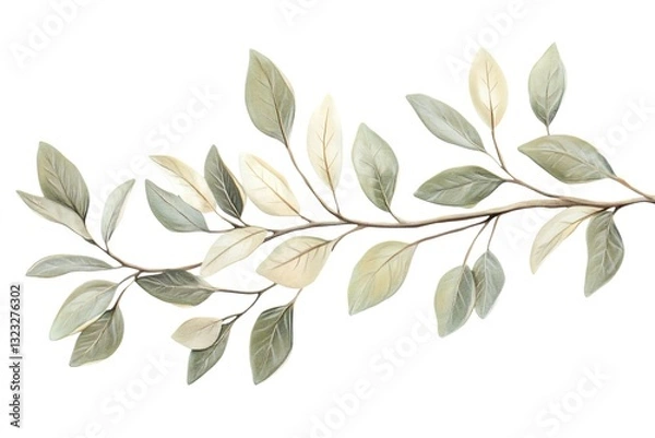Fototapeta Elegant Greenery Branch with Delicate Olive and Beige Leaves Isolated on White