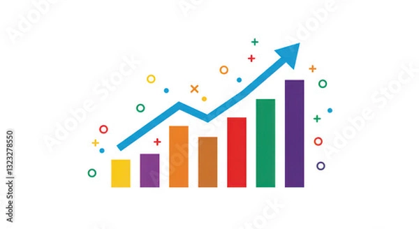 Fototapeta Colorful bar graph with upward-trending blue arrow, symbolizing growth and progress on a white background