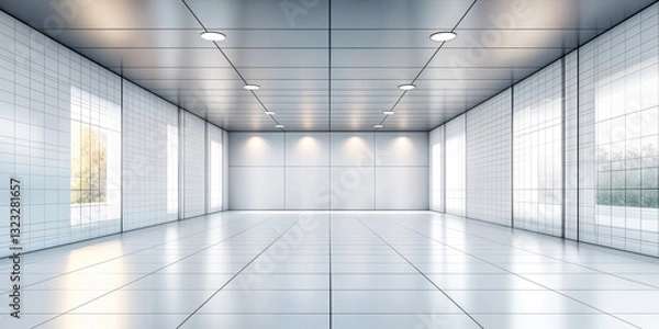 Fototapeta Spacious Modern Exhibition Hall with White Tiled Walls and Ceiling Spotlights Empty Interior Design 3D Rendering