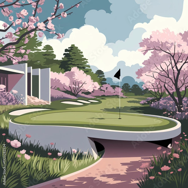 Fototapeta abstract and artistic - A high-resolution illustration of a minimalist golf hole harmonizing with blooming trees and flowers, featuring sleek lines, a graceful tee, and vibrant wildflowers.