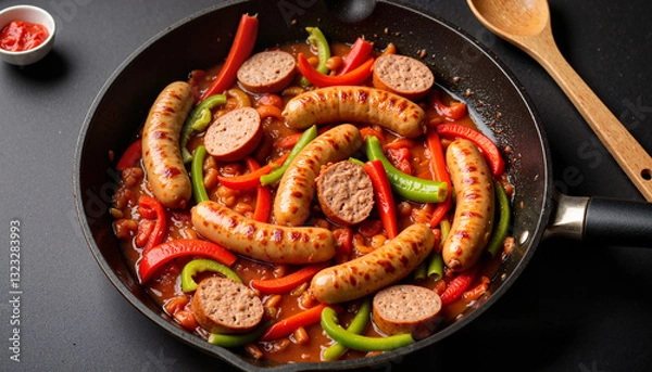 Fototapeta Sizzling sausages and peppers in frying pan