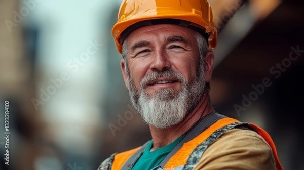 Fototapeta Man with a hard hat and orange vest is smiling. He is wearing a safety helmet and a safety vest
