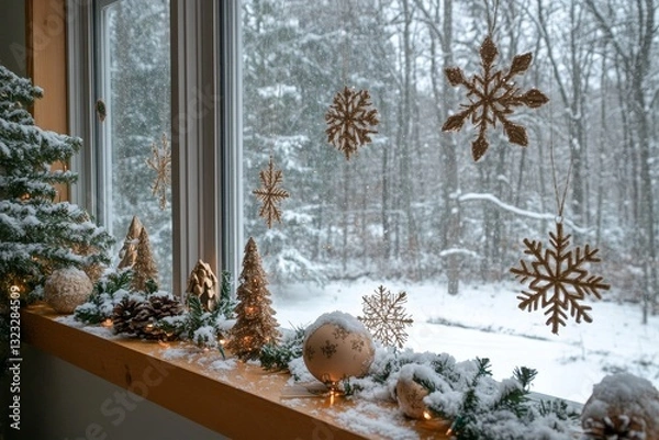 Fototapeta Christmas window decorations to spread holiday cheer. Christmas home decorations hanging and on window and standing on windowsill inside house. Snowy forest outside the