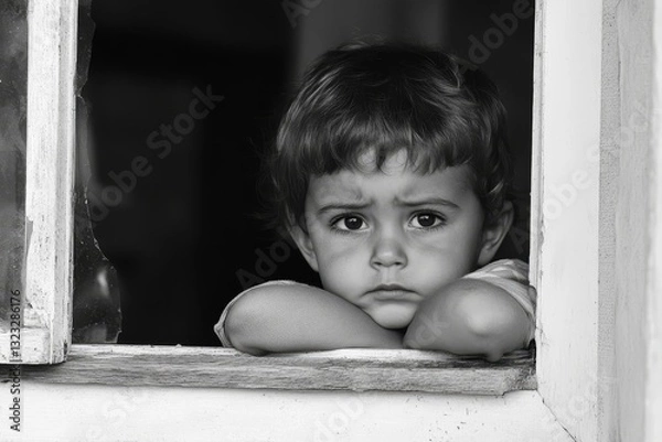 Fototapeta Sad child sitting on window shield