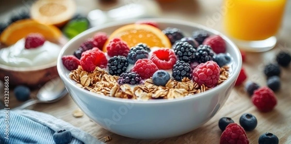 Fototapeta Delicious breakfast scene with a bowl of mixed berries and oats, perfect for a healthy start to your day.