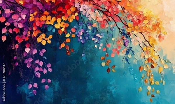 Fototapeta Elegant colorful tree with vibrant leaves hanging branches illustration background. Bright color 3d abstraction wallpaper for interior mural painting wall art decor