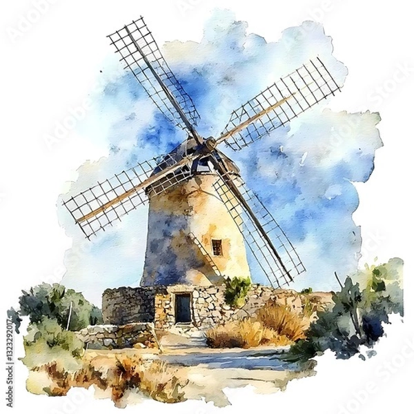 Fototapeta A picturesque watercolor painting of a rustic windmill under a vibrant sky. The image evokes a sense of serenity and timeless beauty.