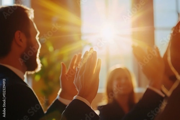 Fototapeta Motivation, audience with an applause and in a business meeting at work with a lens flare together. Support or celebration, success and colleagues clapping hands for good news or