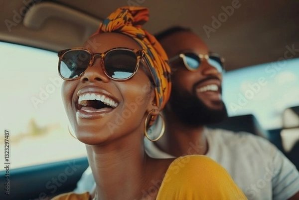 Fototapeta Joyful black lady and man singing, dancing and enjoying travel in car together, being in good mood, buying new car, weekend trip and road at journey
