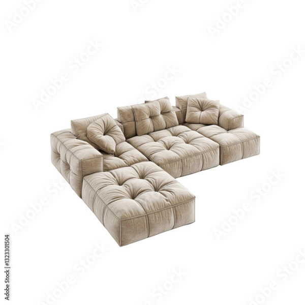 Fototapeta Modern Beige Modular Sofa with Button Tufted Cushions