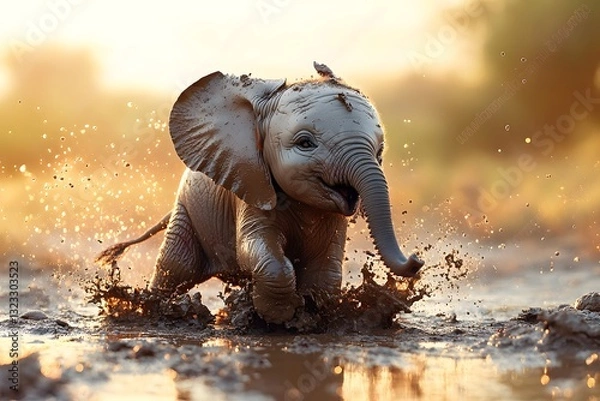 Obraz Adorable Baby Elephant Joyfully Playing in Mud at Golden Sunset