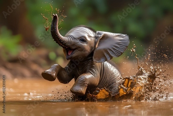 Obraz Playful Baby Elephant Enjoying a Muddy Adventure at Sunset