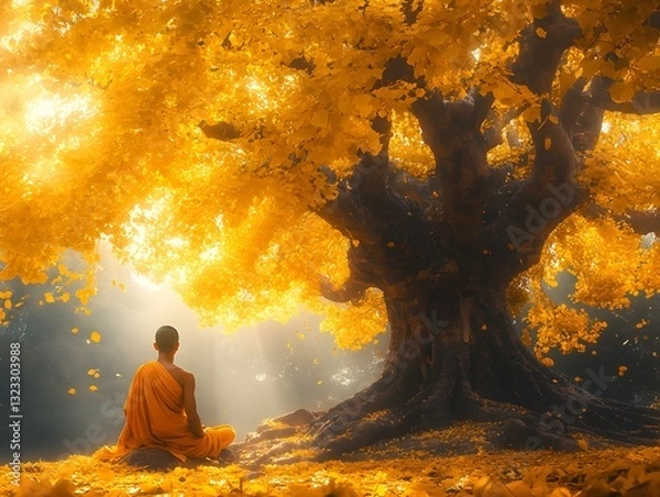 Obraz The Monk’s Solitude: Meditating Under the Golden Canopy