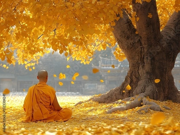 Obraz Golden Serenity: A Monk’s Reflection by the River
