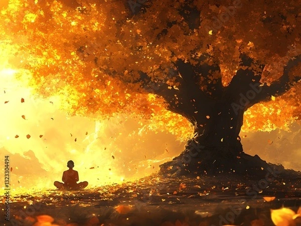 Obraz Meditating Monk Beneath a Radiant Bodhi Tree in an Autumn Glow