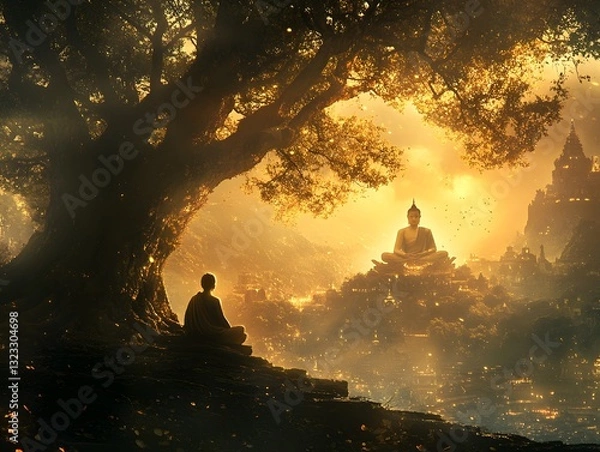 Obraz Golden Silence, Meditation Under an Ancient Tree Bathed in Autumn Light
