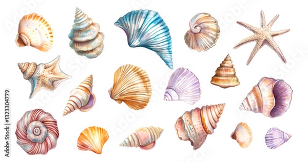 Fototapeta Watercolor set of sea shells. Various sea and ocean shells. Beach elements. Sea mollusk elements. Sea and ocean elements concept. Vector illustration.