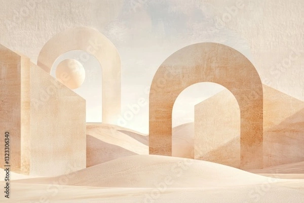 Fototapeta Modern Abstract Digital Art Concept Showcasing Minimalist Arches and Forms in a Serene Landscape With Soft Colors and Warm Tones