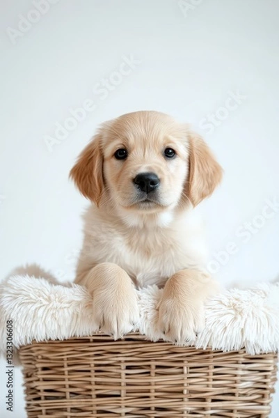 Fototapeta Adorable puppy resting in a cozy wicker basket on a soft blanket in a bright, serene indoor setting. National Purebred Dog Day