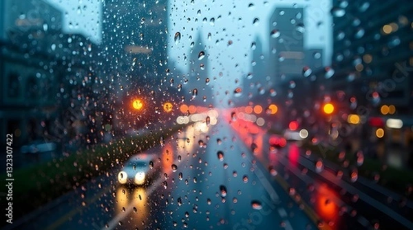 Fototapeta A Rainy City Night Viewed Through A Rain-streaked Window, Blurring The Vibrant Lights And Traffic Into A Dreamy, Melancholic Scene