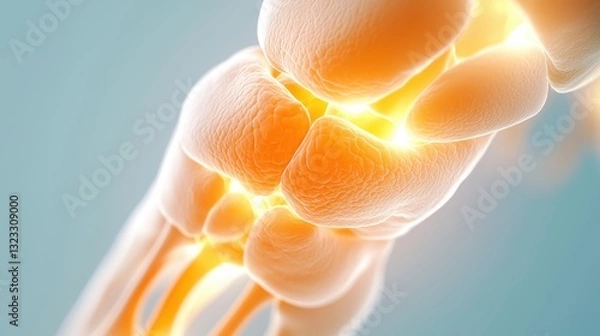 Fototapeta A close-up, digital illustration of a glowing joint, showcasing its anatomy with a focus on the bones and cartilage.