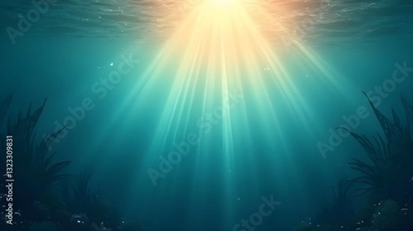 Fototapeta Sunbeams Pierce The Deep Oceans Mystery, Illuminating Silent Underwater Plants In A Serene, Teal-hued Dreamscape