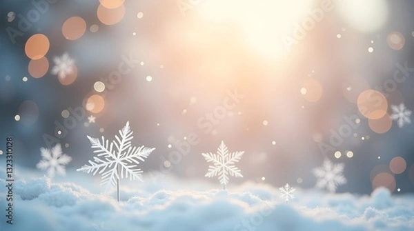 Fototapeta Winters Gentle Embrace, Delicate Snowflakes Nestled In A Soft, Snowy Landscape Bathed In Warm, Golden Sunlight