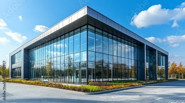 Fototapeta A striking glass structure stands tall amidst lush greenery, basking in the sunlight. The sleek design features large windows that mirror the vibrant surroundings, creating harmony