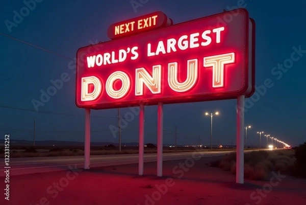 Fototapeta A neon "Next Exit: World’s Largest Donut" sign standing tall on a roadside attraction highway.
