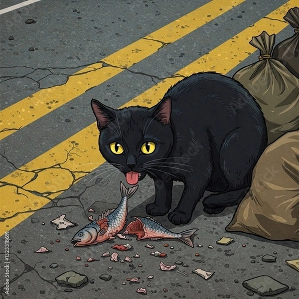 Fototapeta black cat eating fish on the street. like most street cats, he eats fish very greedily. Sometimes he also feels scared, even though he eats fish from the trash.