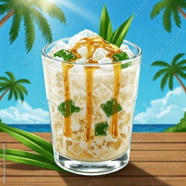 Fototapeta Illustration depicting a glass of fresh drink made from coconut with added sugar and fresh fruit jelly, suitable as a menu for breaking the fast.