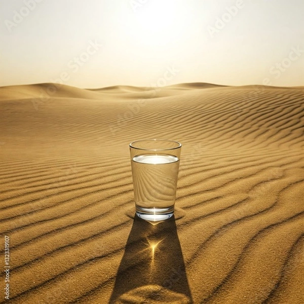 Fototapeta a glass of water in the middle of the hot desert. quench thirst. This is like the image of someone who is fasting to restrain their desires.