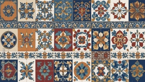 Fototapeta Vintage ceramic tile design featuring intricate floral motifs in shades of blue, orange, and red arranged in a symmetrical grid pattern.