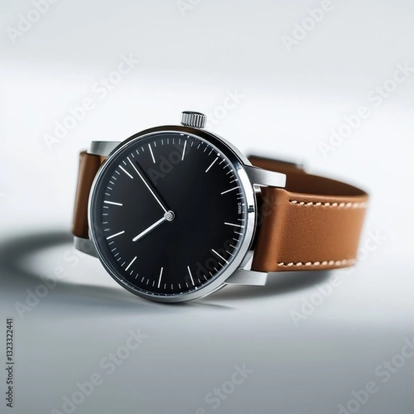 Obraz Close-up of luxury minimalist wristwatch with leather strap on white background. Time concept. Lifestyle, elegance, modern, style.